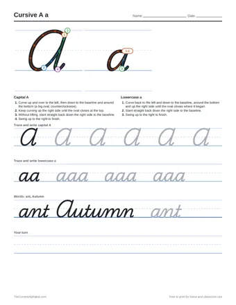 Preview of the cursive a a practice sheet printable