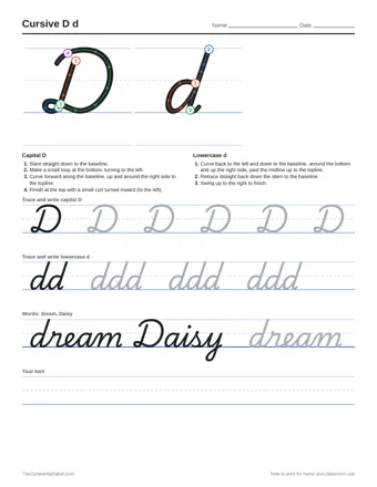 Preview of the cursive d d practice sheet printable