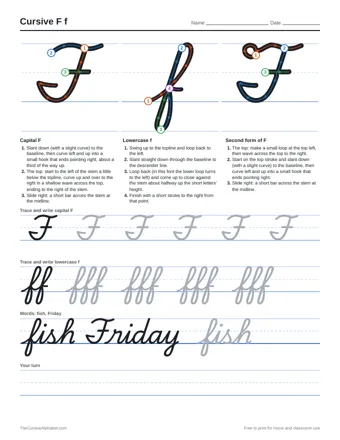 Preview of the cursive f f practice sheet printable