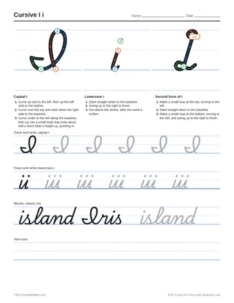 Preview of the cursive i i practice sheet printable