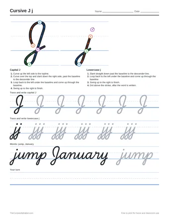 Preview of the cursive j j practice sheet printable
