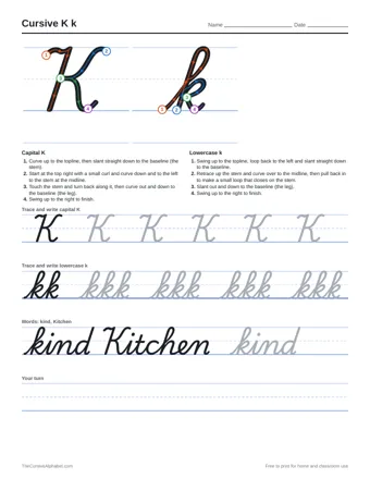 Preview of the cursive k k practice sheet printable