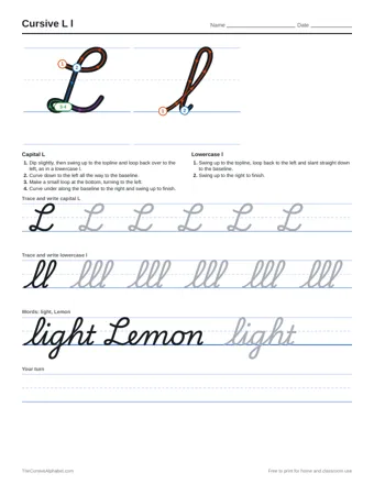 Preview of the cursive l l practice sheet printable