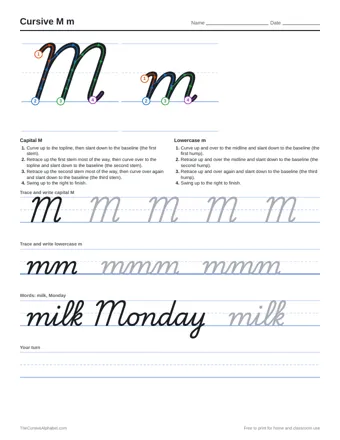 Preview of the cursive m m practice sheet printable