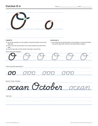 Preview of the cursive o o practice sheet printable