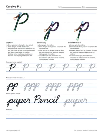 Preview of the cursive p p practice sheet printable