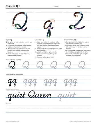 Preview of the cursive q q practice sheet printable
