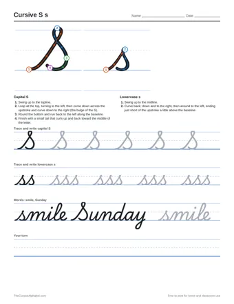 Preview of the cursive s s practice sheet printable