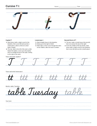 Preview of the cursive t t practice sheet printable