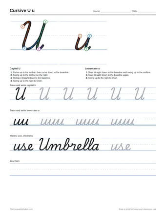 Preview of the cursive u u practice sheet printable