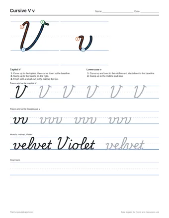 Preview of the cursive v v practice sheet printable