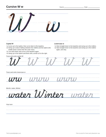 Preview of the cursive w w practice sheet printable