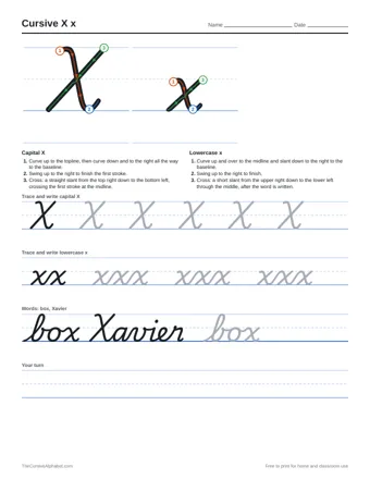 Preview of the cursive x x practice sheet printable