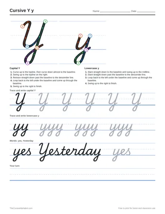 Preview of the cursive y y practice sheet printable