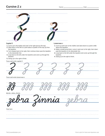 Preview of the cursive z z practice sheet printable