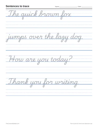 Preview of the sentences to trace printable