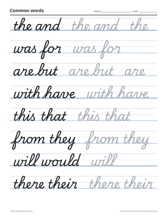 Preview of the common words printable